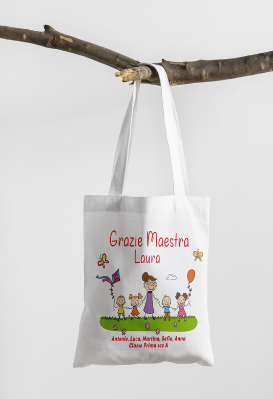 GFD - Borsa shopper regalo personalizzato per la maestra della scuola elementare, con bellissimo design colorato, nome della maestra, classe, anno scolastico e nomi di tutti i bambini.