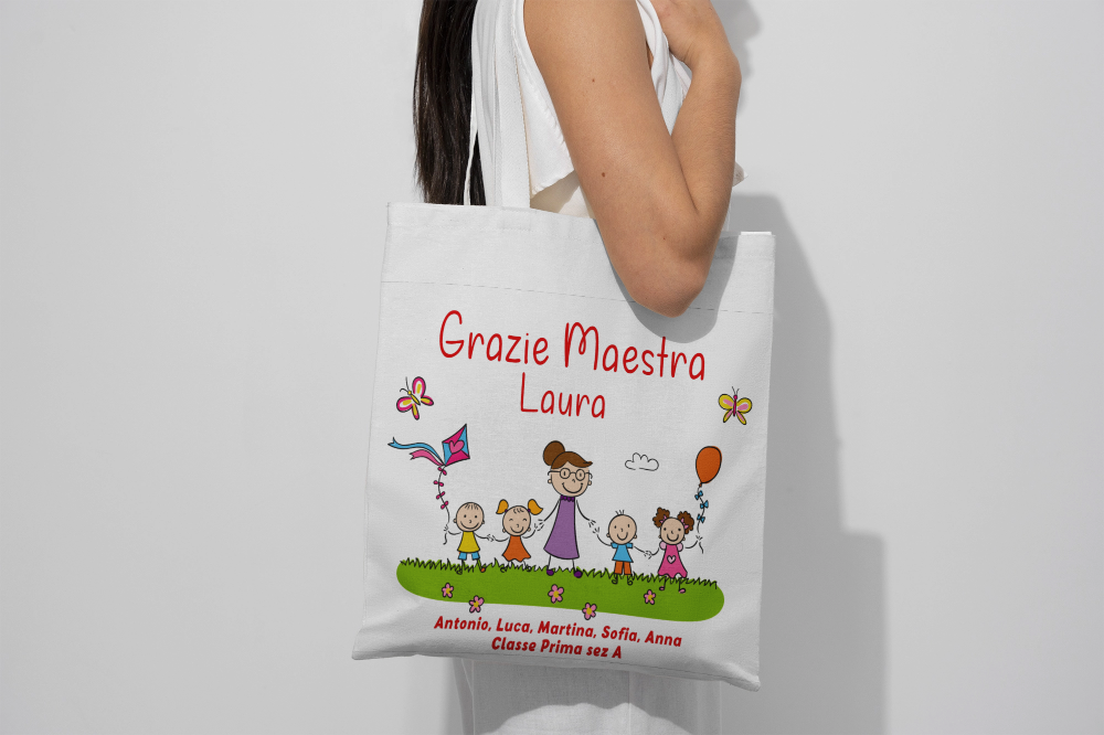 GFD - Borsa shopper regalo personalizzato per la maestra della scuola elementare, con bellissimo design colorato, nome della maestra, classe, anno scolastico e nomi di tutti i bambini.