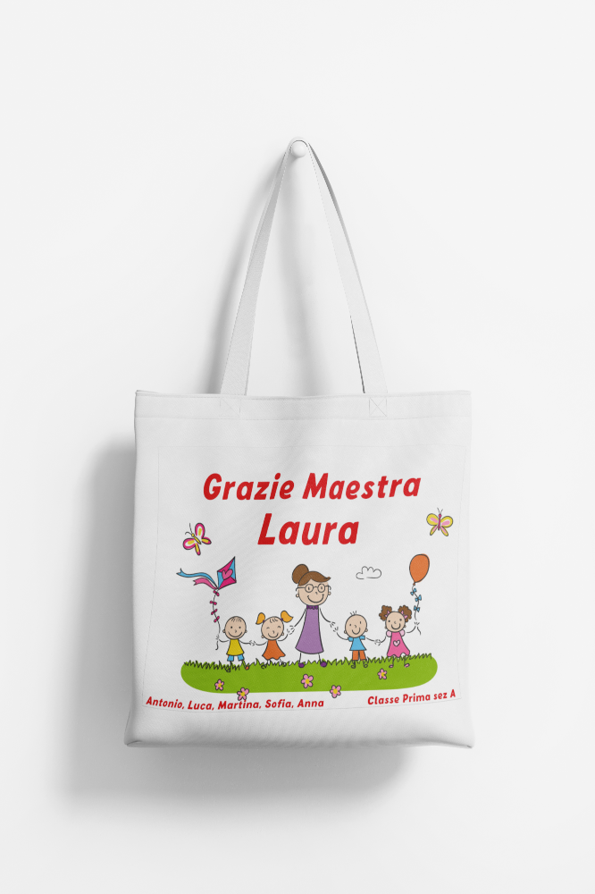 GFD - Borsa shopper regalo personalizzato per la maestra della scuola elementare, con bellissimo design colorato, nome della maestra, classe, anno scolastico e nomi di tutti i bambini.
