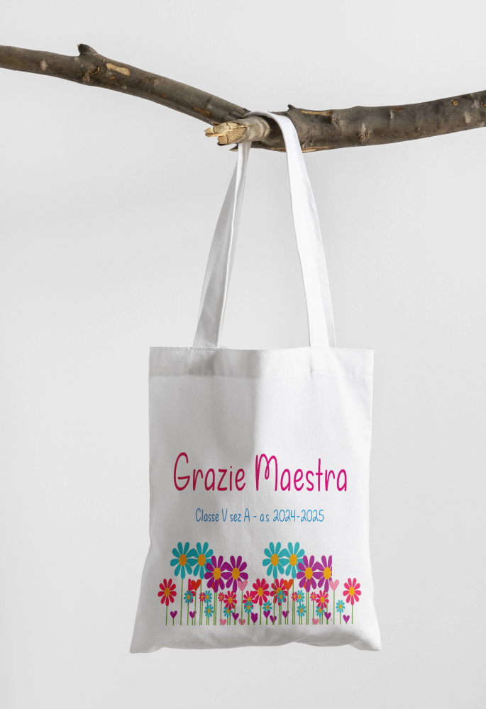 GFD - Borsa shopper regalo personalizzato per la maestra della scuola elementare, con bellissimo design colorato, nome della maestra, classe, anno scolastico e nomi di tutti i bambini.