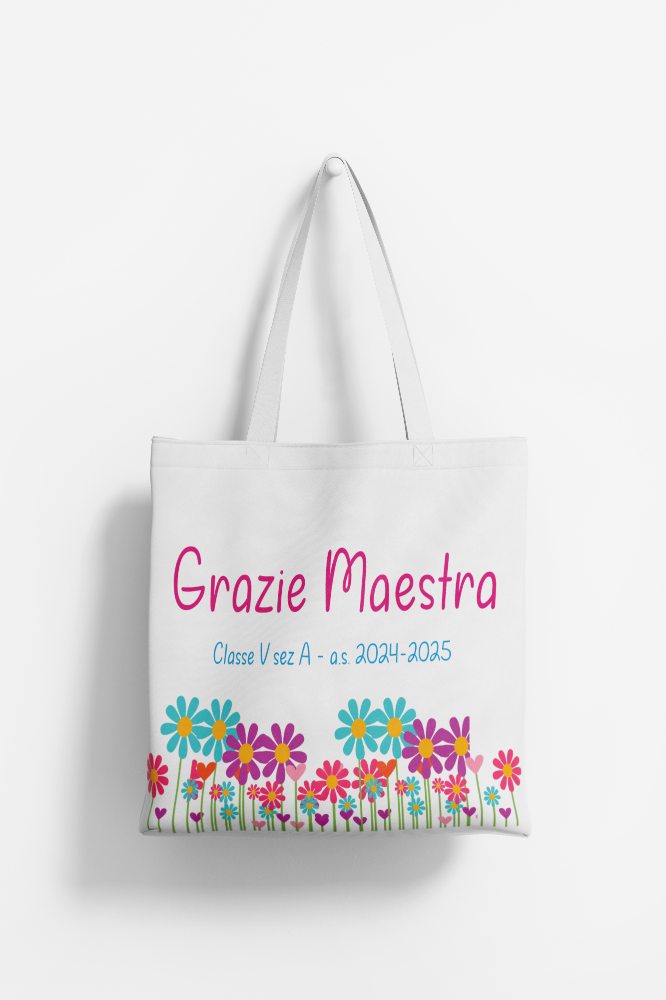GFD - Borsa shopper regalo personalizzato per la maestra della scuola elementare, con bellissimo design colorato, nome della maestra, classe, anno scolastico e nomi di tutti i bambini.
