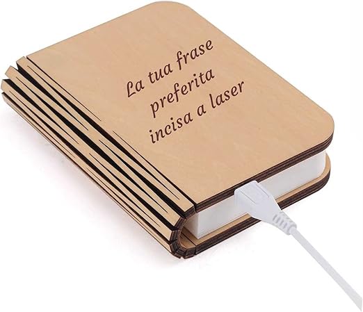 GFD Lampada libro personalizzabile con nome o frase, USB Ricaricabile, lampada a forma di libro, in legno con luce led, lampada da tavolo, idea regalo -1000mAh (INCISA)