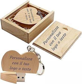 GFD - PenDrive in legno USB 3.0-16 GB - Personalizzabile con il tuo logo o testo - Con chiusura a calamita - Forma di cuore - Include cofanetto - Made in Italy