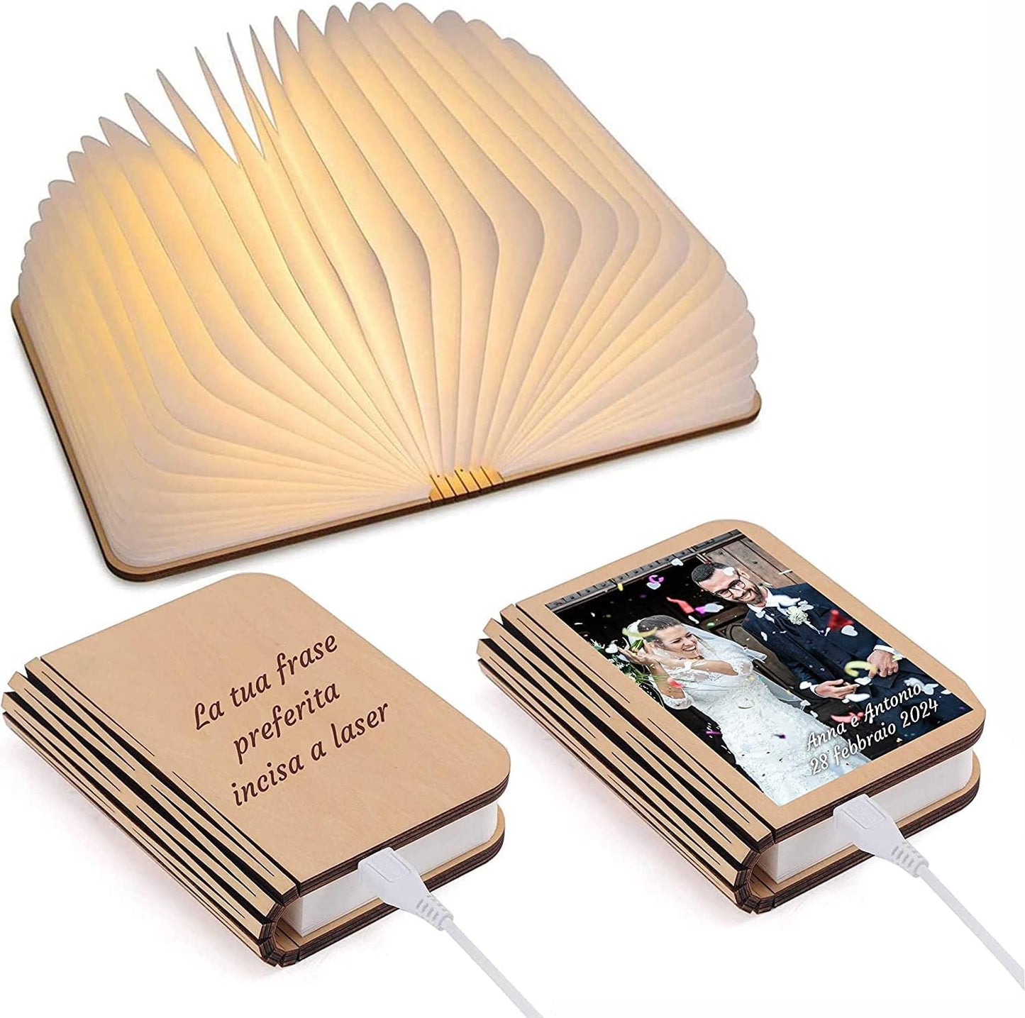 GFD Lampada libro personalizzabile con nome o frase, USB Ricaricabile, lampada a forma di libro, in legno con luce led, lampada da tavolo, idea regalo -1000mAh (INCISA)