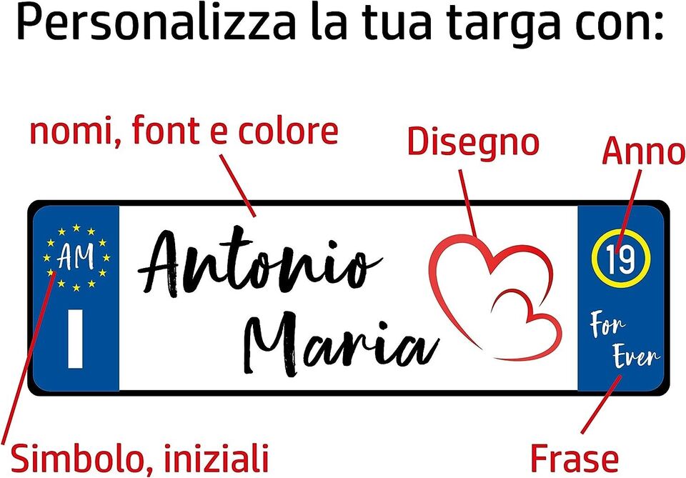 GFD – Targa Auto con Nome o Frase Personalizzata in Alluminio 3 mm – 36 x 11cm – Disponibile Diversi sistemi di fisaggio a Scelta per poterla Fissare in Auto – Made in Italy