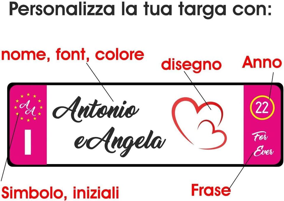 GFD – Targa Auto con Nome o Frase Personalizzata in Alluminio 3 mm – 36 x 11cm – Disponibile Diversi sistemi di fisaggio a Scelta per poterla Fissare in Auto – Made in Italy